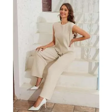 IMCTAH 2 Piece Outfits Sweater Sets Knit Sleeveless Pullover Top High Waisted Pants Tracksuits for Women(Beige-S)