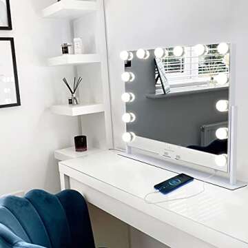MISAVANITY Vanity Mirror with Lights Hollywood Makeup Mirror Support Wireless Charging 14 Dimmable Bulbs Touch Control Design 3 Color Lighting Modes Rotated