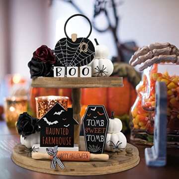 Halloween Decorations Indoor | Halloween Tiered Tray Decor | 6PCS Boo, Tomb, Haunted House, Spiderwe...
