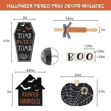 Halloween Decorations Indoor | Halloween Tiered Tray Decor | 6PCS Boo, Tomb, Haunted House, Spiderweb Pumpkin Signs and Halloween Mini Rolling Pins | Spooky Halloween Decor