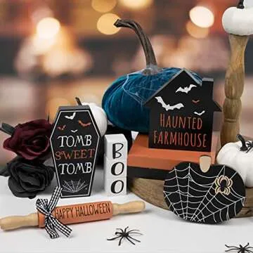 Halloween Decorations Indoor | Halloween Tiered Tray Decor | 6PCS Boo, Tomb, Haunted House, Spiderweb Pumpkin Signs and Halloween Mini Rolling Pins | Spooky Halloween Decor