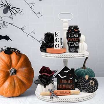 Halloween Decorations Indoor | Halloween Tiered Tray Decor | 6PCS Boo, Tomb, Haunted House, Spiderweb Pumpkin Signs and Halloween Mini Rolling Pins | Spooky Halloween Decor