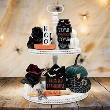 Halloween Decorations Indoor | Halloween Tiered Tray Decor | 6PCS Boo, Tomb, Haunted House, Spiderweb Pumpkin Signs and Halloween Mini Rolling Pins | Spooky Halloween Decor
