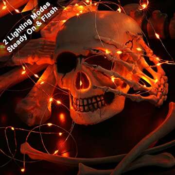 BrizLabs Orange Halloween Lights, 19.47ft 60 LED Orange Fairy Lights String, 2 Modes Battery Indoor Silver Wire Twinkle Lights for Halloween Themed Party Carnival Decorations