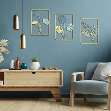 Hotop 3 Pcs Wall Metal Leaf Wall Decor Modern Minimalist Metal Abstract Line Wall Art Ginkgo Leaf with Frame Decorative Wall Decor for Living Room Bedroom Office, 11.82 x 8.27 in(Gold and Dust Blue)