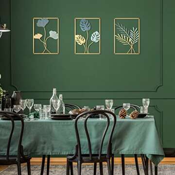 Hotop 3 Pcs Wall Metal Leaf Wall Decor Modern Minimalist Metal Abstract Line Wall Art Ginkgo Leaf with Frame Decorative Wall Decor for Living Room Bedroom Office, 11.82 x 8.27 in(Gold and Dust Blue)