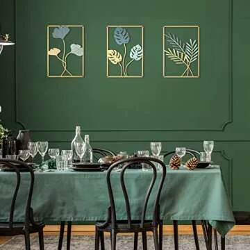 Hotop 3 Pcs Wall Metal Leaf Wall Decor Modern Minimalist Metal Abstract Line Wall Art Ginkgo Leaf with Frame Decorative Wall Decor for Living Room Bedroom Office, 11.82 x 8.27 in(Gold and Dust Blue)