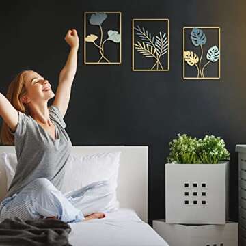 Hotop 3 Pcs Wall Metal Leaf Wall Decor Modern Minimalist Metal Abstract Line Wall Art Ginkgo Leaf with Frame Decorative Wall Decor for Living Room Bedroom Office, 11.82 x 8.27 in(Gold and Dust Blue)