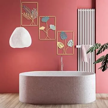 Hotop 3 Pcs Wall Metal Leaf Wall Decor Modern Minimalist Metal Abstract Line Wall Art Ginkgo Leaf with Frame Decorative Wall Decor for Living Room Bedroom Office, 11.82 x 8.27 in(Gold and Dust Blue)