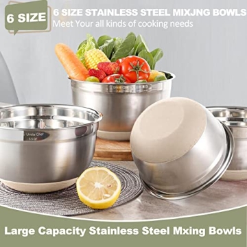 Umite Chef Mixing Bowls with Airtight Lids, 6 piece Stainless Steel Metal Nesting Storage Bowls, Non-Slip Bottoms Size 7, 3.5, 2.5, 2.0,1.5, 1QT, Great for Mixing & Serving (Khaki)
