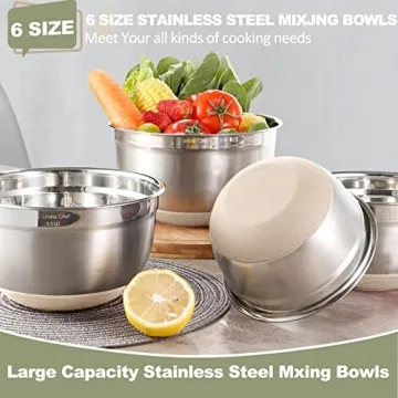 Umite Chef Mixing Bowls with Airtight Lids, 6 piece Stainless Steel Metal Nesting Storage Bowls, Non-Slip Bottoms Size 7, 3.5, 2.5, 2.0,1.5, 1QT, Great for Mixing & Serving (Khaki)
