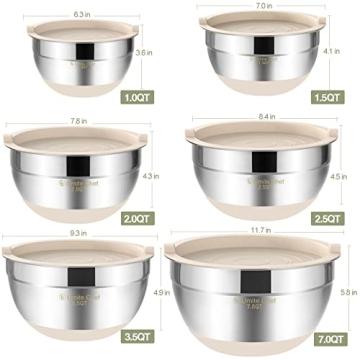 Umite Chef Mixing Bowls with Airtight Lids, 6 piece Stainless Steel Metal Nesting Storage Bowls, Non-Slip Bottoms Size 7, 3.5, 2.5, 2.0,1.5, 1QT, Great for Mixing & Serving (Khaki)