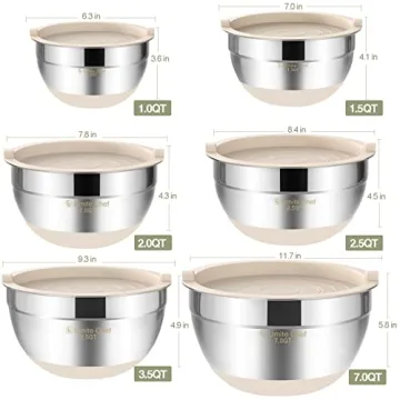 Umite Chef Mixing Bowls with Airtight Lids, 6 piece Stainless Steel Metal Nesting Storage Bowls, Non-Slip Bottoms Size 7, 3.5, 2.5, 2.0,1.5, 1QT, Great for Mixing & Serving (Khaki)