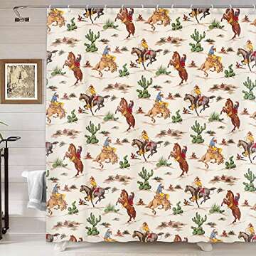 Vintage West Cowboy Shower Curtain, Wild West Cowboy Ride Horse and Desert Cactus Shower Curtain for Bathroom, Cloth Fabric Wild West Artistic Theme Bathroom 12PCS Hooks, 69X70IN (69X70)
