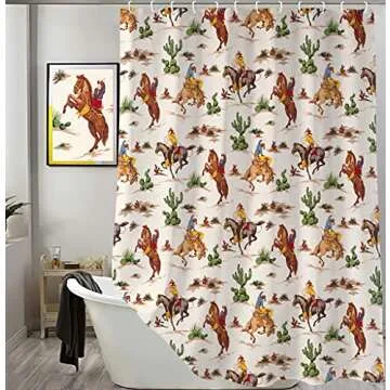 Vintage West Cowboy Shower Curtain, Wild West Cowboy Ride Horse and Desert Cactus Shower Curtain for Bathroom, Cloth Fabric Wild West Artistic Theme Bathroom 12PCS Hooks, 69X70IN (69X70)