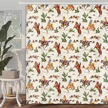 Vintage West Cowboy Shower Curtain, Wild West Cowboy Ride Horse and Desert Cactus Shower Curtain for Bathroom, Cloth Fabric Wild West Artistic Theme Bathroom 12PCS Hooks, 69X70IN (69X70)