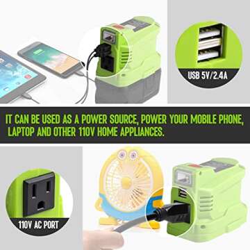 Versatile 150W Powered Inverter Generator for Ryobi 18V Batteries, Dual USB & LED Light for All Outd...