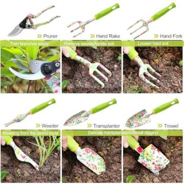 Garden Tool Set, 6 PCS Heavy Duty Aluminum Gardening Hand Tools Kit, Floral Print Gardening Tool Set, Gardening Gifts for Women with Pruning Shears Weeder Hand Rake Shovel Transplanter Cultivator