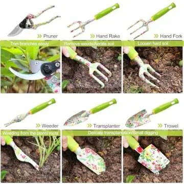 Garden Tool Set, 6 PCS Heavy Duty Aluminum Gardening Hand Tools Kit, Floral Print Gardening Tool Set, Gardening Gifts for Women with Pruning Shears Weeder Hand Rake Shovel Transplanter Cultivator