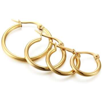 ORAZIO 4 Pairs Stainless Steel Hoop Earrings Set Cute Huggie Earrings for Women,Gold-Tone,10MM-20MM