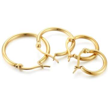 ORAZIO 4 Pairs Stainless Steel Hoop Earrings Set Cute Huggie Earrings for Women,Gold-Tone,10MM-20MM