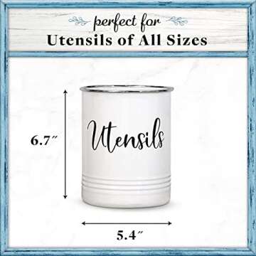 Home Acre Designs Vintage Farmhouse Utensil Holder - Stylish Countertop Organizer and Kitchen Decor Caddy - Stainless Steel Rim - White