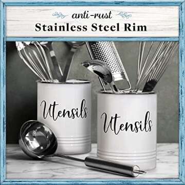 Home Acre Designs Vintage Farmhouse Utensil Holder - Stylish Countertop Organizer and Kitchen Decor Caddy - Stainless Steel Rim - White
