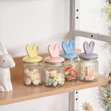 FESTGLOX Glass Easter Candy Jars with Ceramic Bunny Ear Lids, 4Pcs Sealing Bunny Jars in Pastel Colors for Storage, Mini Eggs, Cookies, Tray, Table Centerpiece, Kitchen, Home Spring Decor