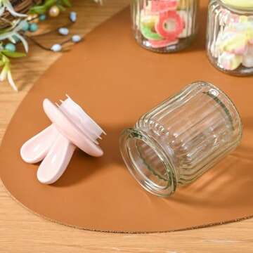 FESTGLOX Glass Easter Candy Jars with Ceramic Bunny Ear Lids, 4Pcs Sealing Bunny Jars in Pastel Colors for Storage, Mini Eggs, Cookies, Tray, Table Centerpiece, Kitchen, Home Spring Decor