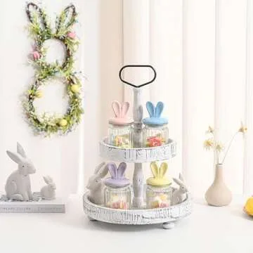 FESTGLOX Glass Easter Candy Jars with Ceramic Bunny Ear Lids, 4Pcs Sealing Bunny Jars in Pastel Colors for Storage, Mini Eggs, Cookies, Tray, Table Centerpiece, Kitchen, Home Spring Decor