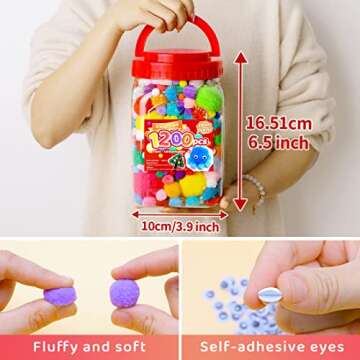 Iooleem Multi-Color Pom Poms, 1200pcs Assorted Size & Color, Pom Poms for Arts and Crafts, Pom Pom Balls with Wiggle Eyes in jar, Glitter Pom Poms, Craft Supplies.