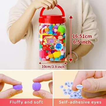 Iooleem Multi-Color Pom Poms, 1200pcs Assorted Size & Color, Pom Poms for Arts and Crafts, Pom Pom Balls with Wiggle Eyes in jar, Glitter Pom Poms, Craft Supplies.