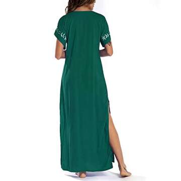 AILUNSNIKA Women Embroidered Long Maxi Kaftan Dress V Neck Side Slit Swimsuit Cover Ups Swimwear Caftans Green