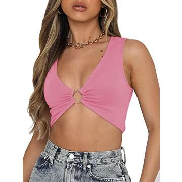 AEVZIV Sexy Crop Tops for Women Sleeveless Deep V Neck Workout Tops Plunge Ring Cleavage Cropped Tank Top Pink S