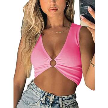AEVZIV Sexy Crop Tops for Women Sleeveless Deep V Neck Workout Tops Plunge Ring Cleavage Cropped Tank Top Pink S