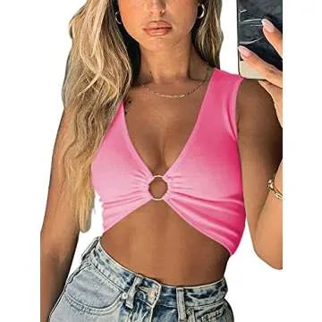 AEVZIV Sexy Crop Tops for Women Sleeveless Deep V Neck Workout Tops Plunge Ring Cleavage Cropped Tank Top Pink S