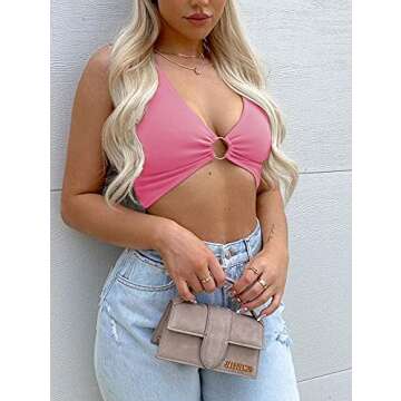 AEVZIV Sexy Crop Tops for Women Sleeveless Deep V Neck Workout Tops Plunge Ring Cleavage Cropped Tank Top Pink S