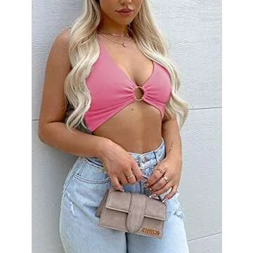 AEVZIV Sexy Crop Tops for Women Sleeveless Deep V Neck Workout Tops Plunge Ring Cleavage Cropped Tank Top Pink S