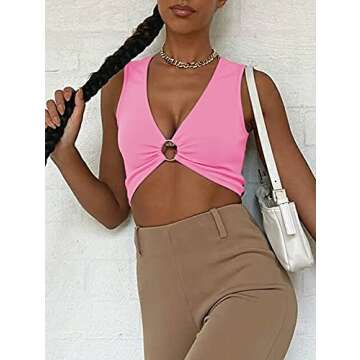 AEVZIV Sexy Crop Tops for Women Sleeveless Deep V Neck Workout Tops Plunge Ring Cleavage Cropped Tank Top Pink S