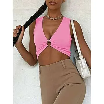 AEVZIV Sexy Crop Tops for Women Sleeveless Deep V Neck Workout Tops Plunge Ring Cleavage Cropped Tank Top Pink S