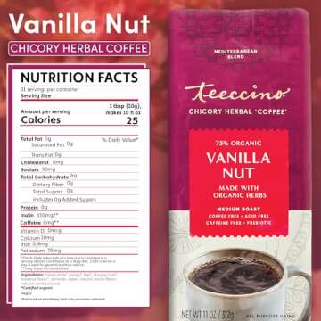 Teeccino Vanilla Nut Chicory Coffee Alternative - Caffeine-Free, Acid-Free, Prebiotic, 11oz Pack of ...