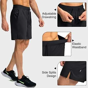 Men's Running Shorts with Zipper Pockets 7 Inch Lightweight Quick Dry Gym Athletic Workout Shorts for Men (Black, L)
