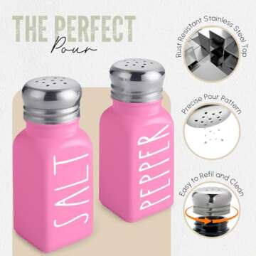 Pink Salt and Pepper Shakers Set by Brighter Barns - Pink Kitchen Accessories - Cute Glass Shakers - Pink Kitchen Decor - Pink Decor for Home Restaurants Wedding & Stainless Steel Lid (Pink)