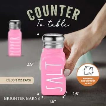 Pink Salt and Pepper Shakers Set by Brighter Barns - Pink Kitchen Accessories - Cute Glass Shakers - Pink Kitchen Decor - Pink Decor for Home Restaurants Wedding & Stainless Steel Lid (Pink)