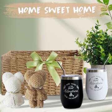 House Warming Gifts New Home, 18 Pcs Housewarming Gifts Basket New Home Gift Ideas, Faux Plants Scented Candles Home Sweet Home Bamboo Cutting Board for Couple Women Men, Closing Gifts for Home Buyers