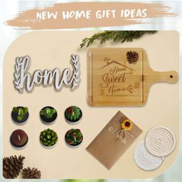 House Warming Gifts New Home, 18 Pcs Housewarming Gifts Basket New Home Gift Ideas, Faux Plants Scented Candles Home Sweet Home Bamboo Cutting Board for Couple Women Men, Closing Gifts for Home Buyers