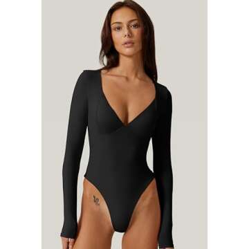 QINSEN Black Bodysuit for Women Thong Sexy Sweetheart Neckline Long Sleeve Shirt Tops XS
