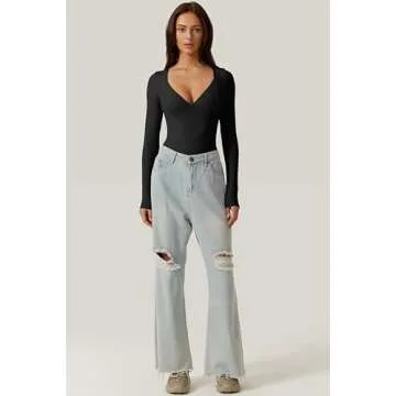 QINSEN Black Bodysuit for Women Thong Sexy Sweetheart Neckline Long Sleeve Shirt Tops XS