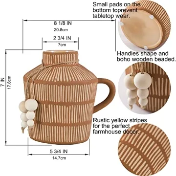 Rustic Farmhouse Vase with Handle & Wooden Beads