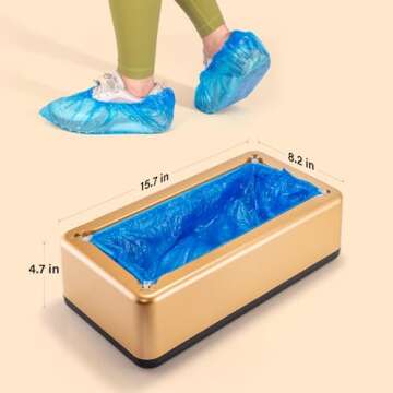 Shoe Cover Dispenser with 200 Pcs Disposable Shoe Covers Automatic Shoe Cover Dispenser Fits Size Up to 11 US Men and up for Home, Factory, Hospital （Gold)